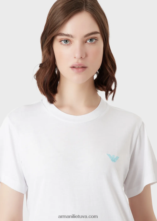 moterys baltas Armani ekologiški tamprūs džersio marškinėliai su per dideliu e pleistru ir spauda 02482X465