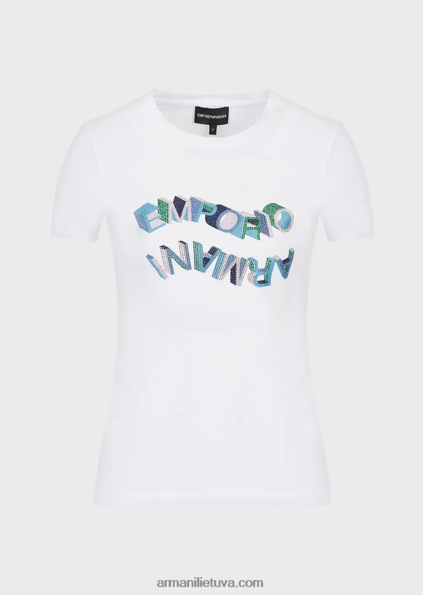 moterys baltas Armani ekologiški tamprūs marškinėliai su įvairiaspalviu kalnų krištolo logotipu 02482X463