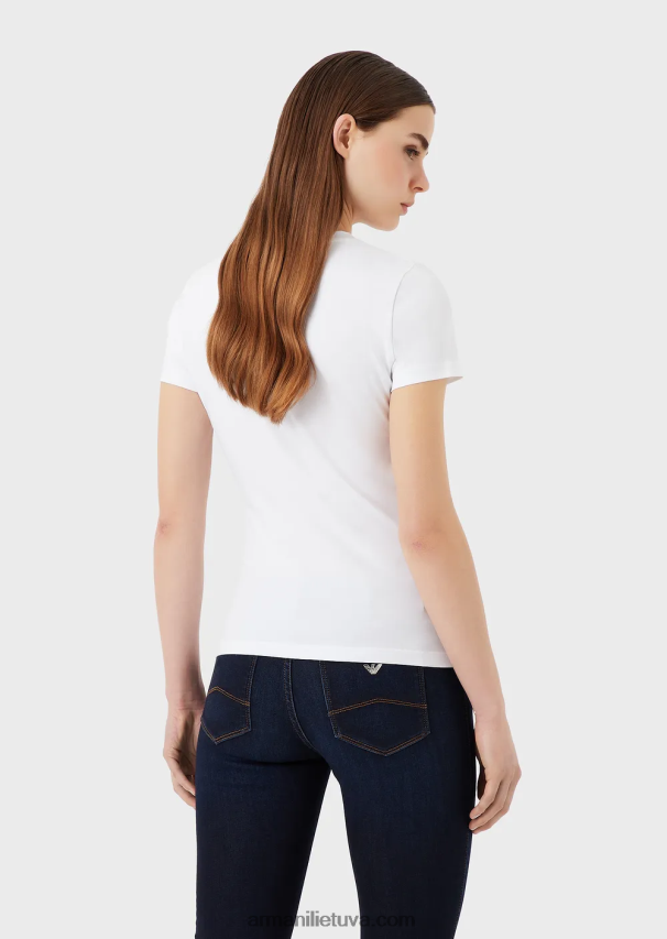 moterys baltas Armani ekologiški tamprūs marškinėliai su įvairiaspalviu kalnų krištolo logotipu 02482X463