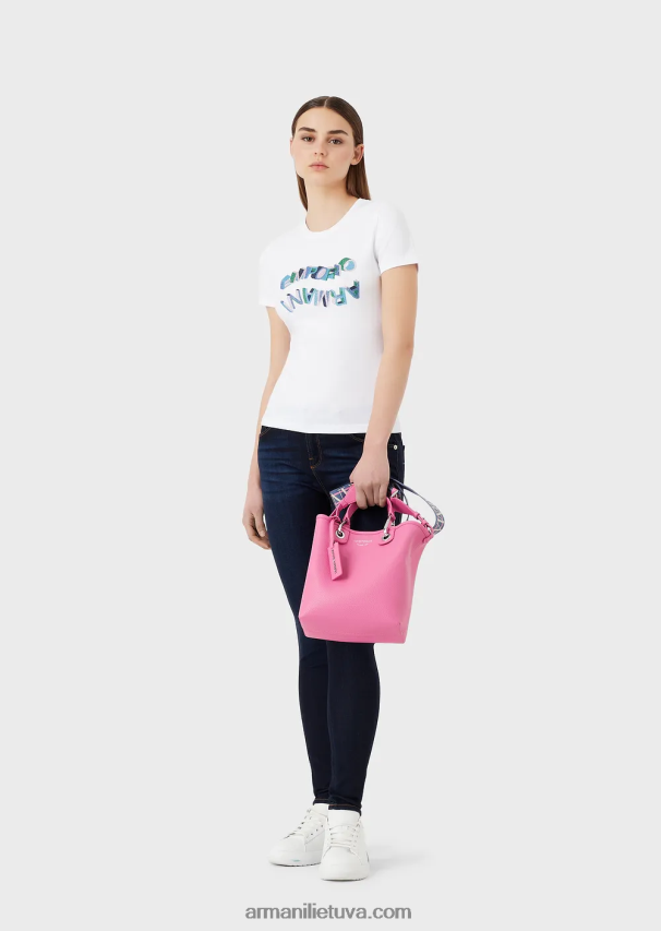 moterys baltas Armani ekologiški tamprūs marškinėliai su įvairiaspalviu kalnų krištolo logotipu 02482X463