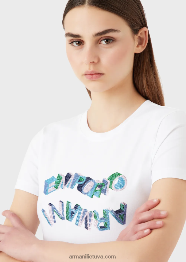 moterys baltas Armani ekologiški tamprūs marškinėliai su įvairiaspalviu kalnų krištolo logotipu 02482X463