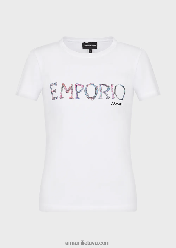 moterys baltas Armani ekologiški tamprūs marškinėliai su įvairiaspalviu logotipo siuvinėjimu 02482X461