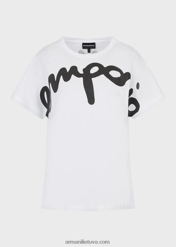 moterys baltas Armani lengvi ekologiško trikotažo marškinėliai su didžiuliu gumuotu kursyvu logotipu 02482X434