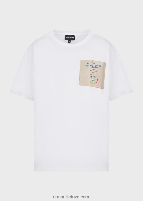 moterys baltas Armani lengvi ekologiško trikotažo marškinėliai su kolekcijos logotipu 02482X440