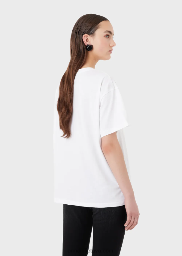 moterys baltas Armani lengvi ekologiško trikotažo marškinėliai su kolekcijos logotipu 02482X440