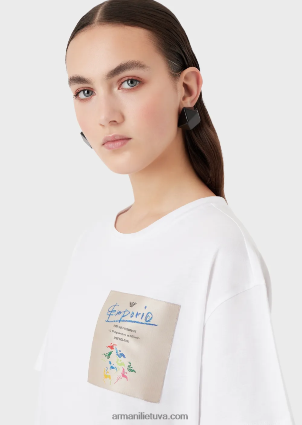 moterys baltas Armani lengvi ekologiško trikotažo marškinėliai su kolekcijos logotipu 02482X440
