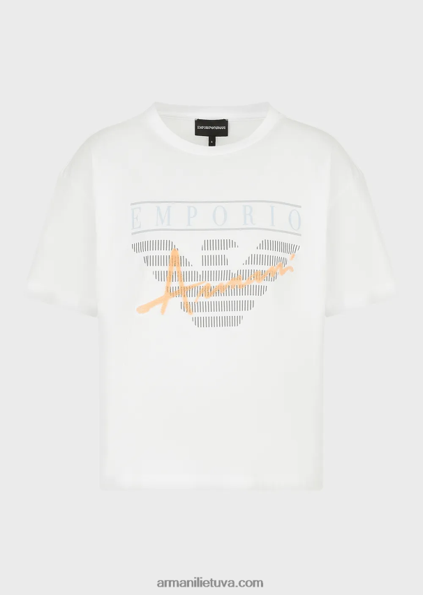 moterys baltas Armani lengvi ekologiško trikotažo marškinėliai su reljefiniais audinio raštais ir logotipo spauda 02482X431