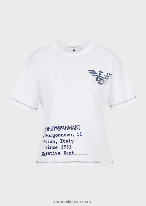 moterys baltas Armani mare kapsulės kolekcijos lengvi marškinėliai su logotipo siuvinėjimu ir batikiniu ereliu 02482X433