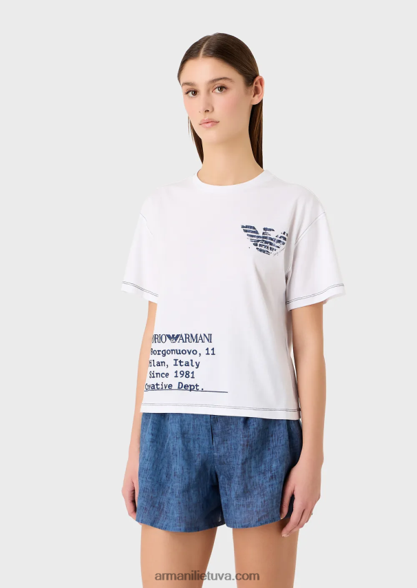 moterys baltas Armani mare kapsulės kolekcijos lengvi marškinėliai su logotipo siuvinėjimu ir batikiniu ereliu 02482X433