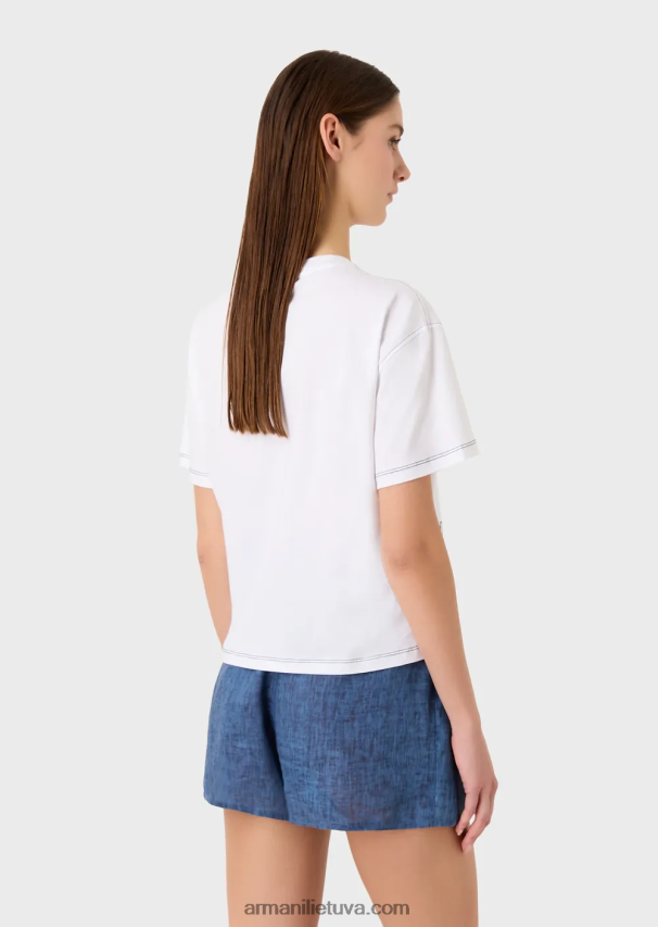 moterys baltas Armani mare kapsulės kolekcijos lengvi marškinėliai su logotipo siuvinėjimu ir batikiniu ereliu 02482X433