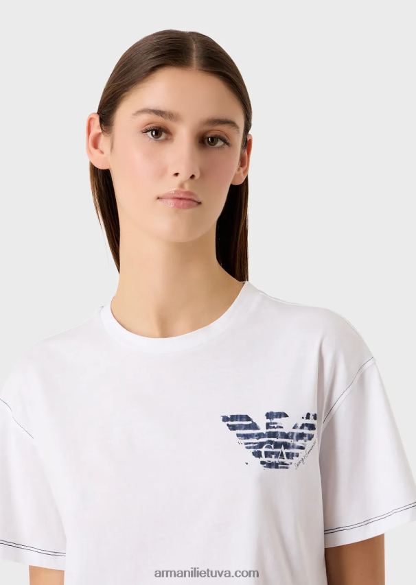 moterys baltas Armani mare kapsulės kolekcijos lengvi marškinėliai su logotipo siuvinėjimu ir batikiniu ereliu 02482X433