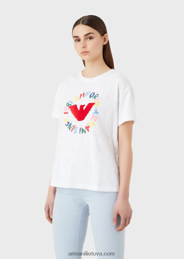 moterys baltas Armani slub-jersey marškinėliai su erelio raštais ir siuvinėjimais 02482X442