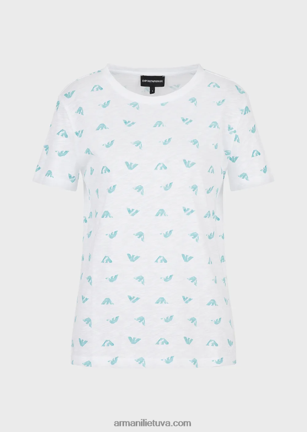 moterys baltas Armani slub-jersey marškinėliai su logotipo spauda 02482X438