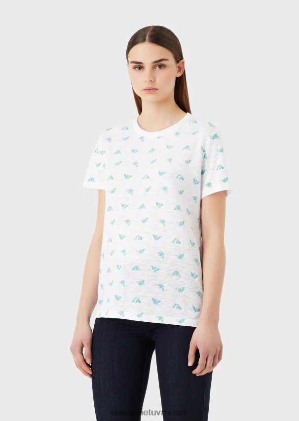 moterys baltas Armani slub-jersey marškinėliai su logotipo spauda 02482X438