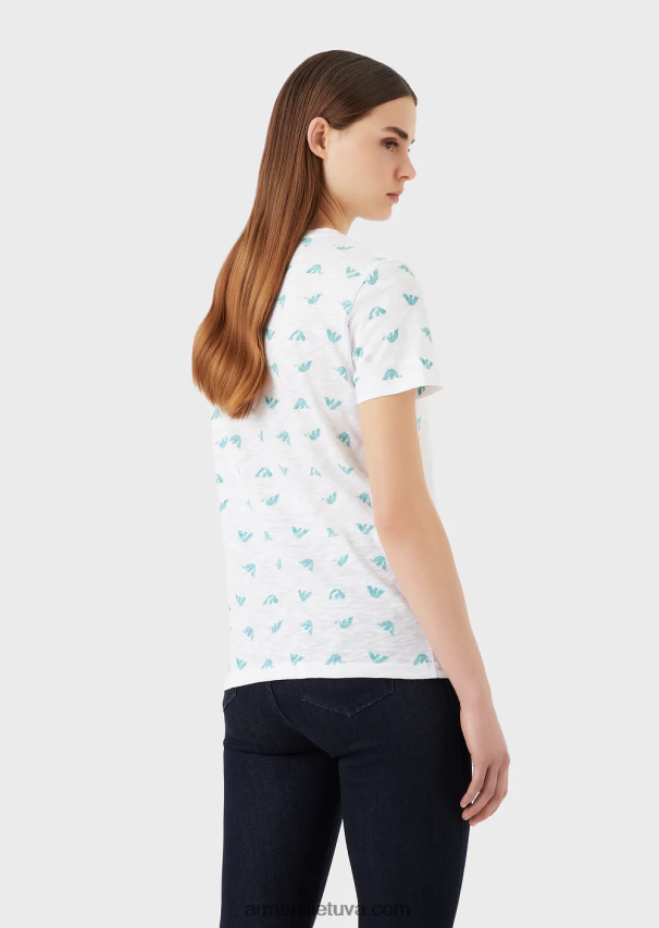 moterys baltas Armani slub-jersey marškinėliai su logotipo spauda 02482X438