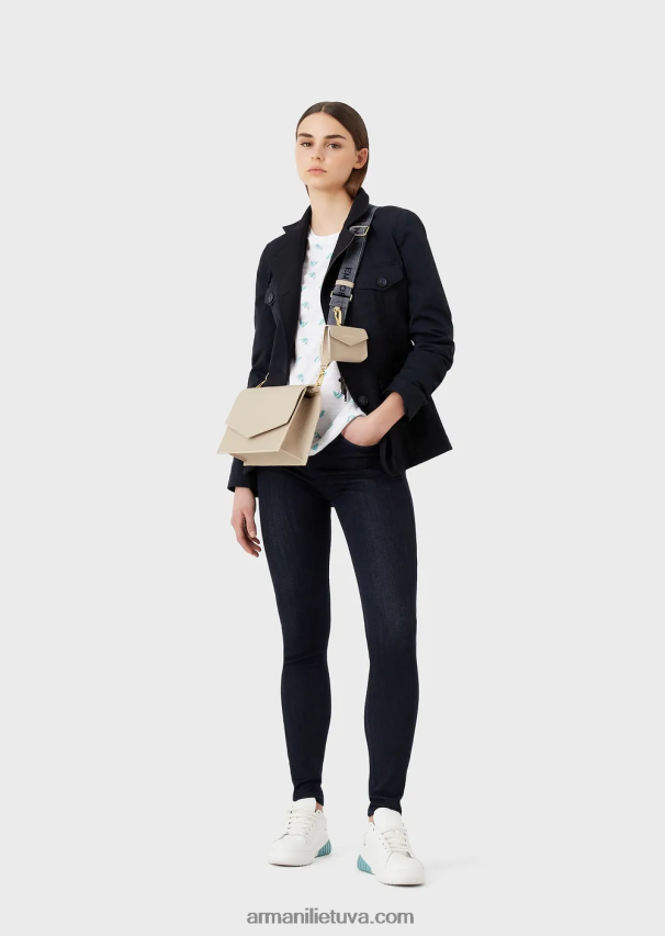 moterys baltas Armani slub-jersey marškinėliai su logotipo spauda 02482X438