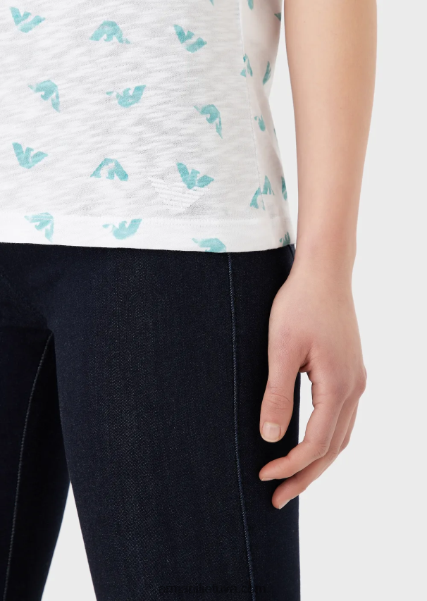 moterys baltas Armani slub-jersey marškinėliai su logotipo spauda 02482X438