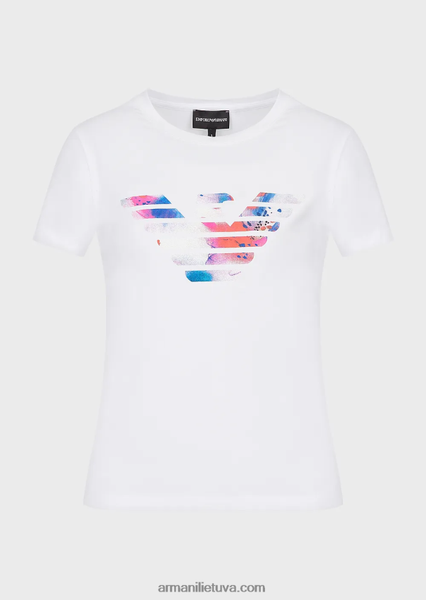 moterys baltas Armani tamprūs marškinėliai su per dideliu erelio raštu 02482X458