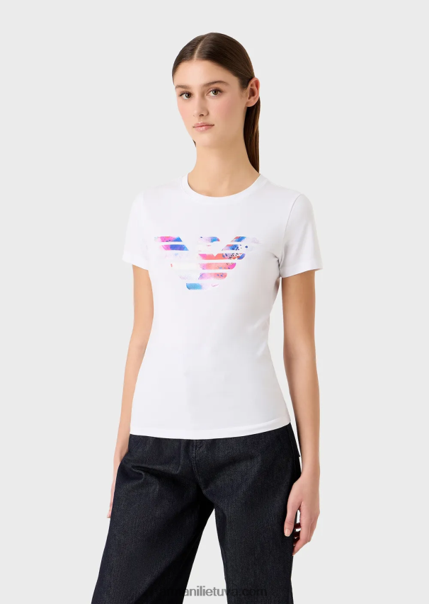 moterys baltas Armani tamprūs marškinėliai su per dideliu erelio raštu 02482X458