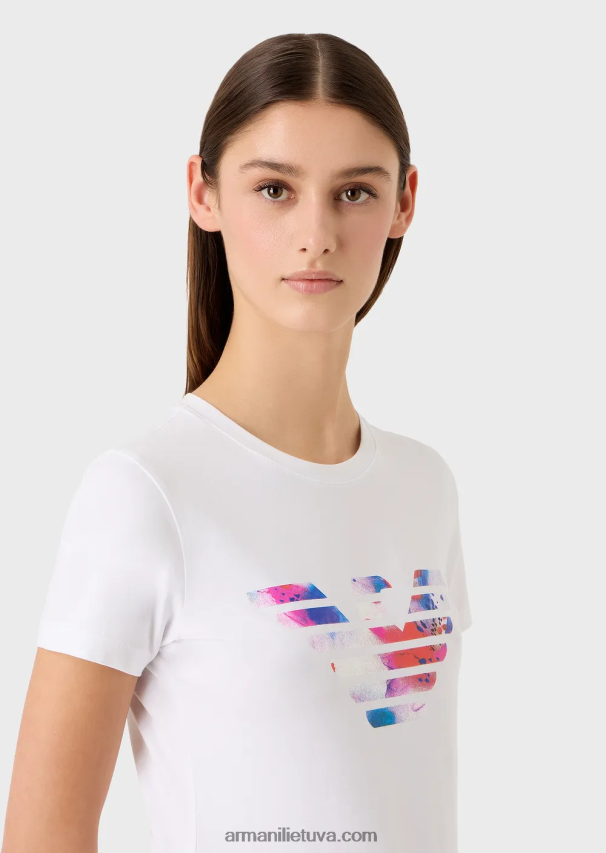 moterys baltas Armani tamprūs marškinėliai su per dideliu erelio raštu 02482X458