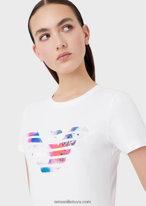 moterys baltas Armani tamprūs marškinėliai su per dideliu erelio raštu 02482X458