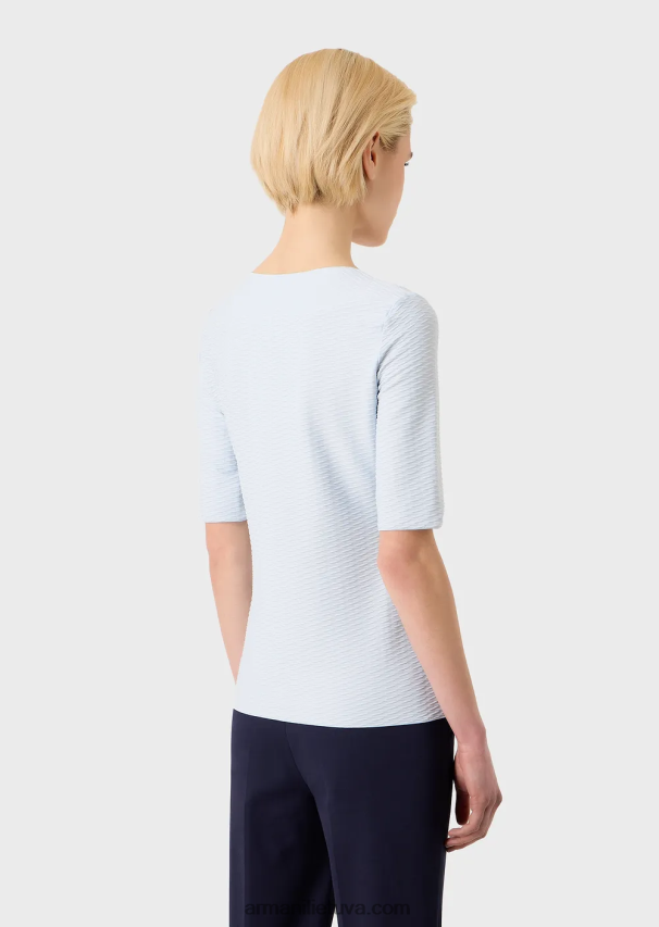 moterys baltas Armani tamprus žakardo nailono džemperis su V formos iškirpte 02482X477