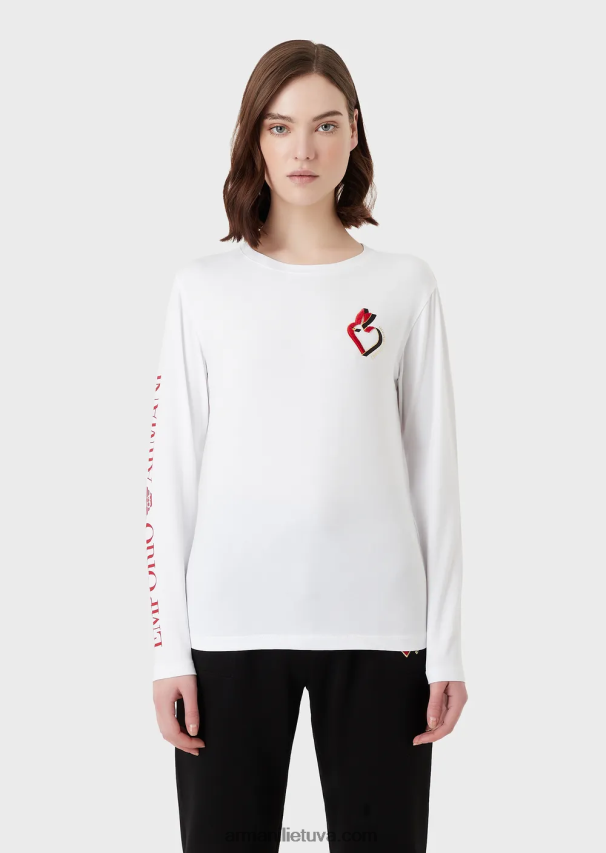 moterys baltas Armani tamprus džemperis su užrašais ir siuvinėjimais 02482X452