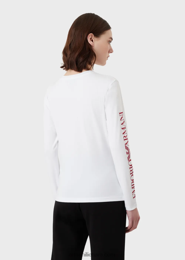 moterys baltas Armani tamprus džemperis su užrašais ir siuvinėjimais 02482X452