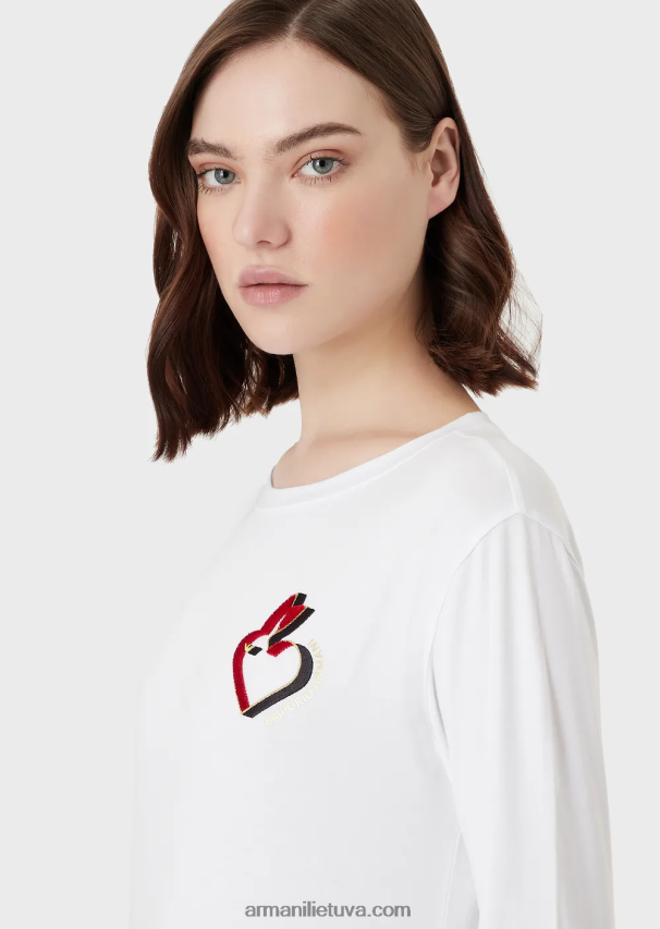 moterys baltas Armani tamprus džemperis su užrašais ir siuvinėjimais 02482X452