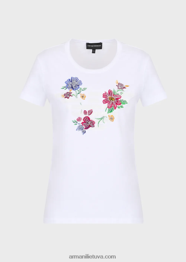 moterys baltas Armani trikotažiniai marškinėliai su didžiuliu gumuotu ereliu ir karoliukais papuoštais gėlėmis 02482X490