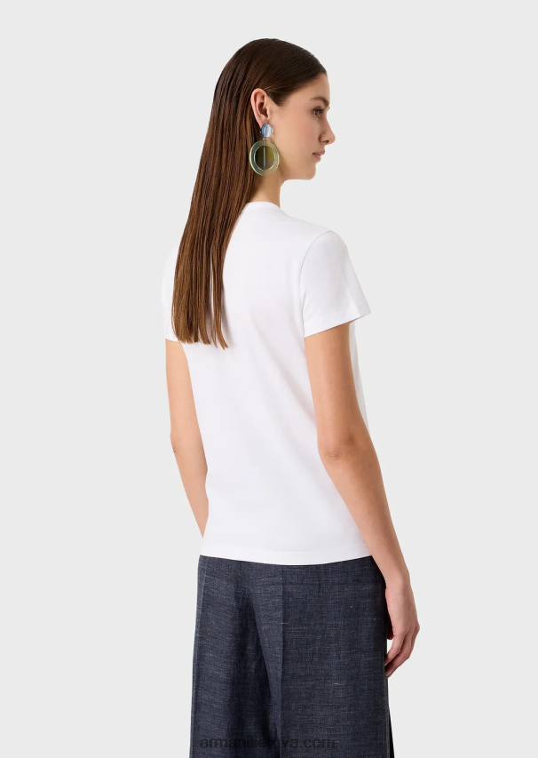 moterys baltas Armani trikotažiniai marškinėliai su didžiuliu gumuotu ereliu ir karoliukais papuoštais gėlėmis 02482X490