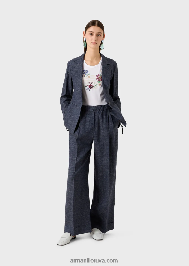 moterys baltas Armani trikotažiniai marškinėliai su didžiuliu gumuotu ereliu ir karoliukais papuoštais gėlėmis 02482X490