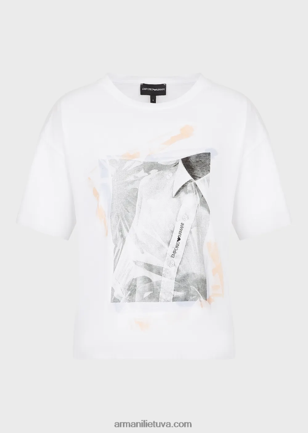 moterys baltas Armani vidutinio dydžio ekologiško trikotažo marškinėliai su stambiu marškinių raštu ir siuvinėjimu 02482X436