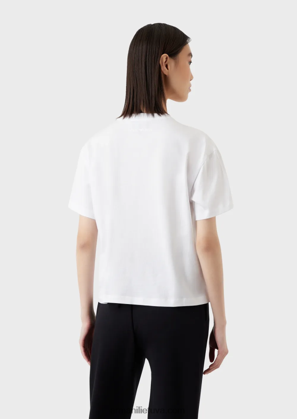 moterys baltas Armani vidutinio dydžio ekologiško trikotažo marškinėliai su stambiu marškinių raštu ir siuvinėjimu 02482X436