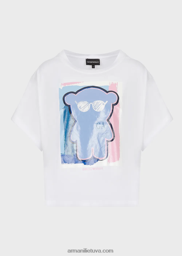 moterys baltas Armani šviesaus trikotažo marškinėliai su per dideliu manga meškiuko raštu 02482X455