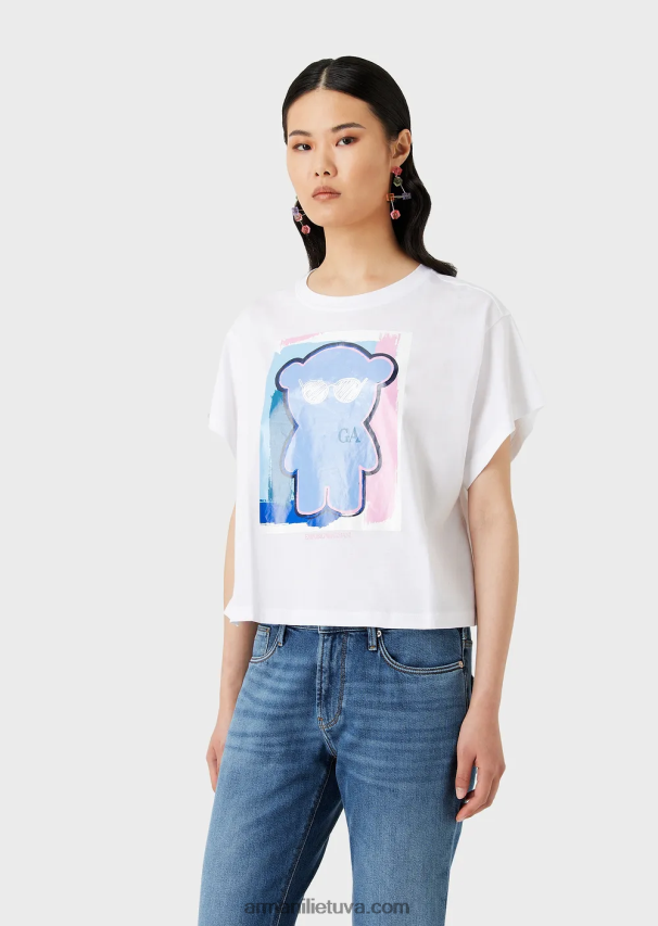 moterys baltas Armani šviesaus trikotažo marškinėliai su per dideliu manga meškiuko raštu 02482X455