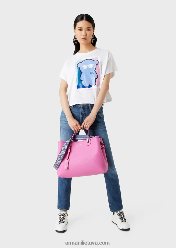 moterys baltas Armani šviesaus trikotažo marškinėliai su per dideliu manga meškiuko raštu 02482X455