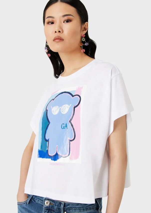 moterys baltas Armani šviesaus trikotažo marškinėliai su per dideliu manga meškiuko raštu 02482X455