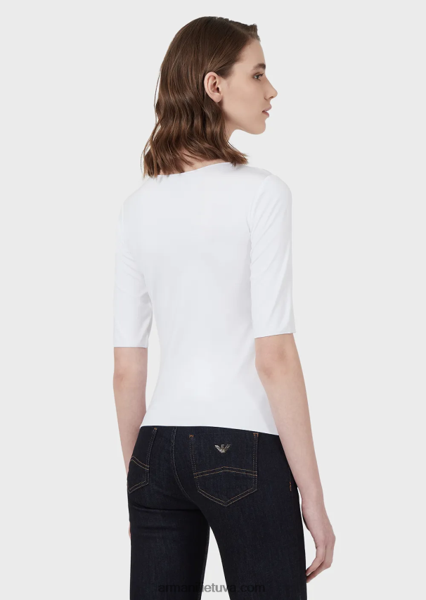 moterys baltas Armani viskozinis tamprus džemperis trijų ketvirčių ilgio rankovėmis 02482X480