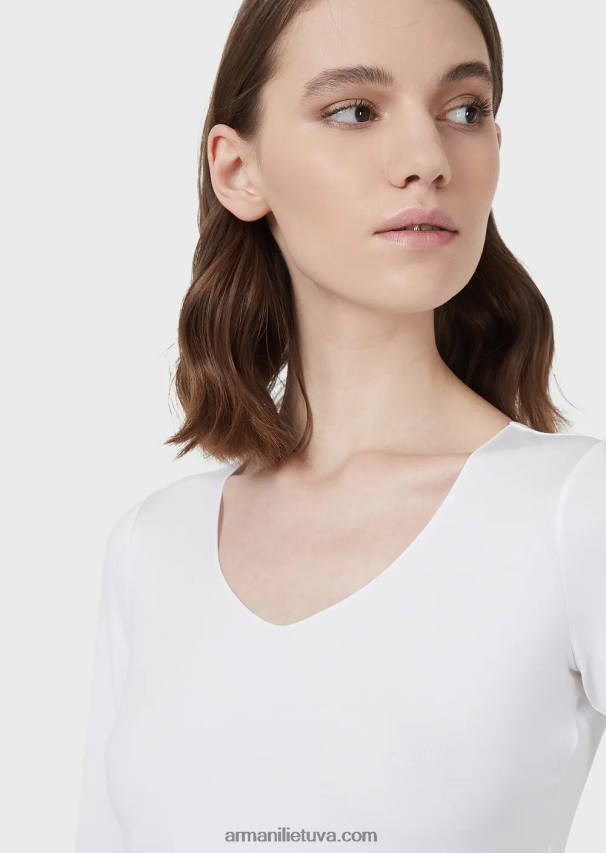 moterys baltas Armani viskozinis tamprus džemperis trijų ketvirčių ilgio rankovėmis 02482X480