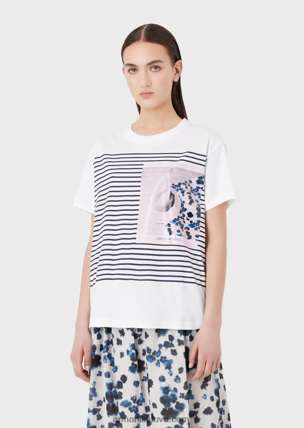 moterys dryžuotas Armani mare kapsulės kolekcijos marginti šviesaus trikotažo marškinėliai 02482X435