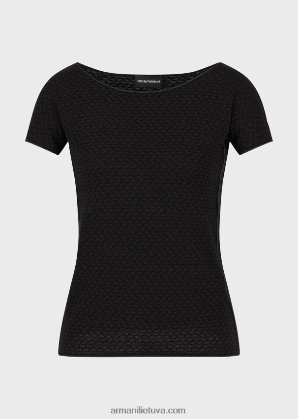 moterys juodas Armani 3D efekto tamprus žakardo megztinis trumpomis rankovėmis 02482X471