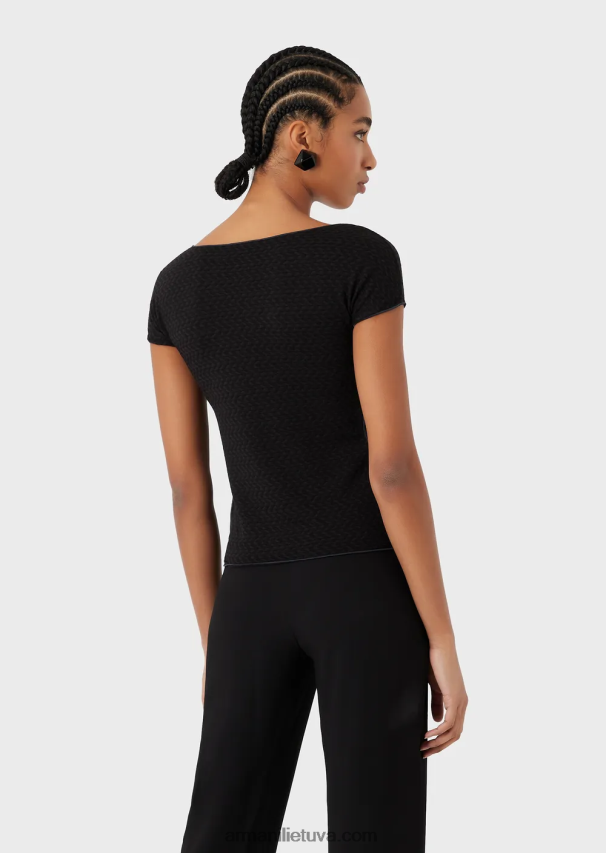 moterys juodas Armani 3D efekto tamprus žakardo megztinis trumpomis rankovėmis 02482X471