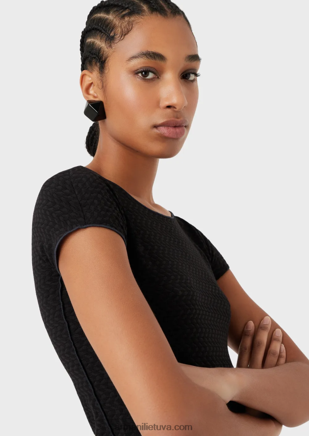 moterys juodas Armani 3D efekto tamprus žakardo megztinis trumpomis rankovėmis 02482X471