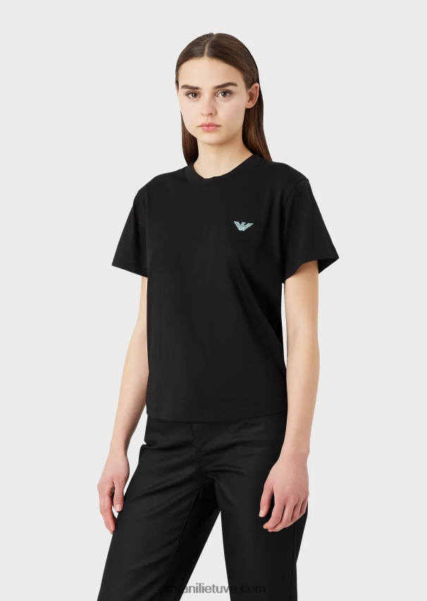 moterys juodas Armani ekologiški tamprūs džersio marškinėliai su per dideliu e pleistru ir spauda 02482X464