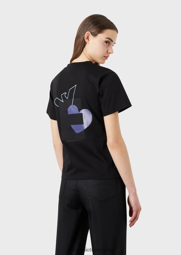 moterys juodas Armani ekologiški tamprūs džersio marškinėliai su per dideliu e pleistru ir spauda 02482X464