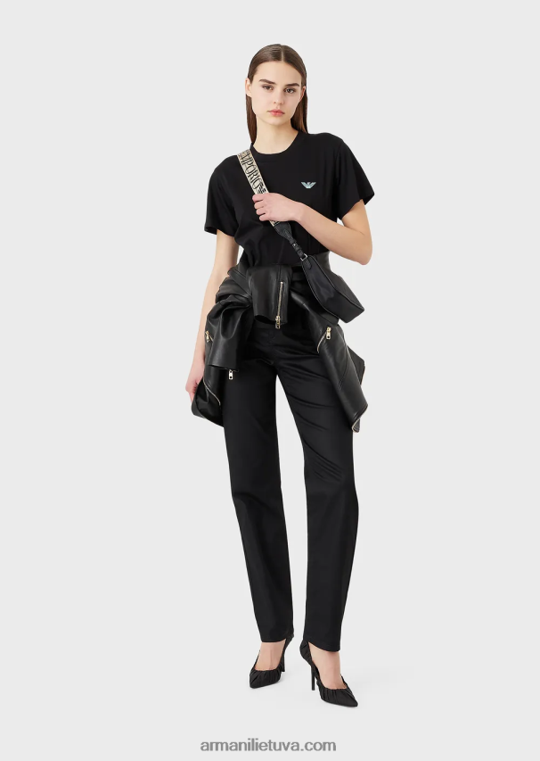 moterys juodas Armani ekologiški tamprūs džersio marškinėliai su per dideliu e pleistru ir spauda 02482X464