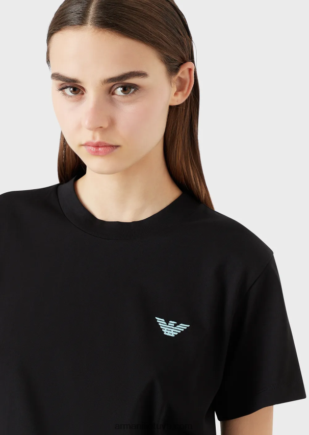 moterys juodas Armani ekologiški tamprūs džersio marškinėliai su per dideliu e pleistru ir spauda 02482X464