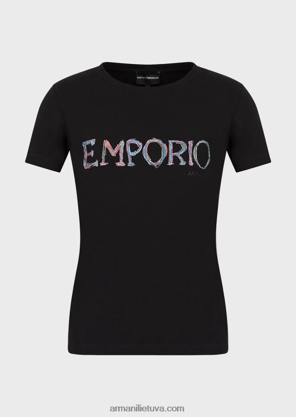 moterys juodas Armani ekologiški tamprūs marškinėliai su įvairiaspalviu logotipo siuvinėjimu 02482X460