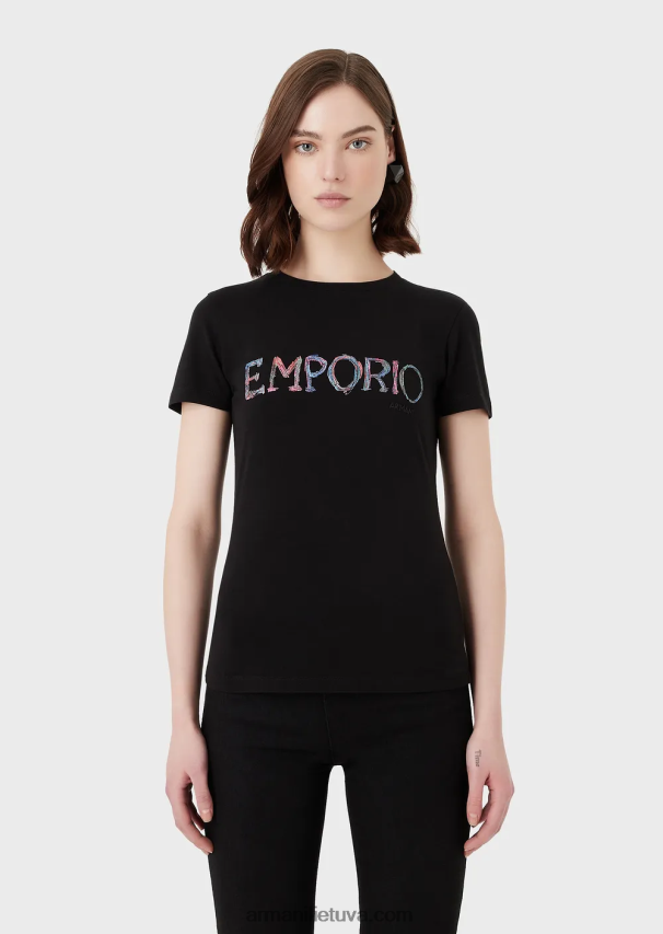 moterys juodas Armani ekologiški tamprūs marškinėliai su įvairiaspalviu logotipo siuvinėjimu 02482X460